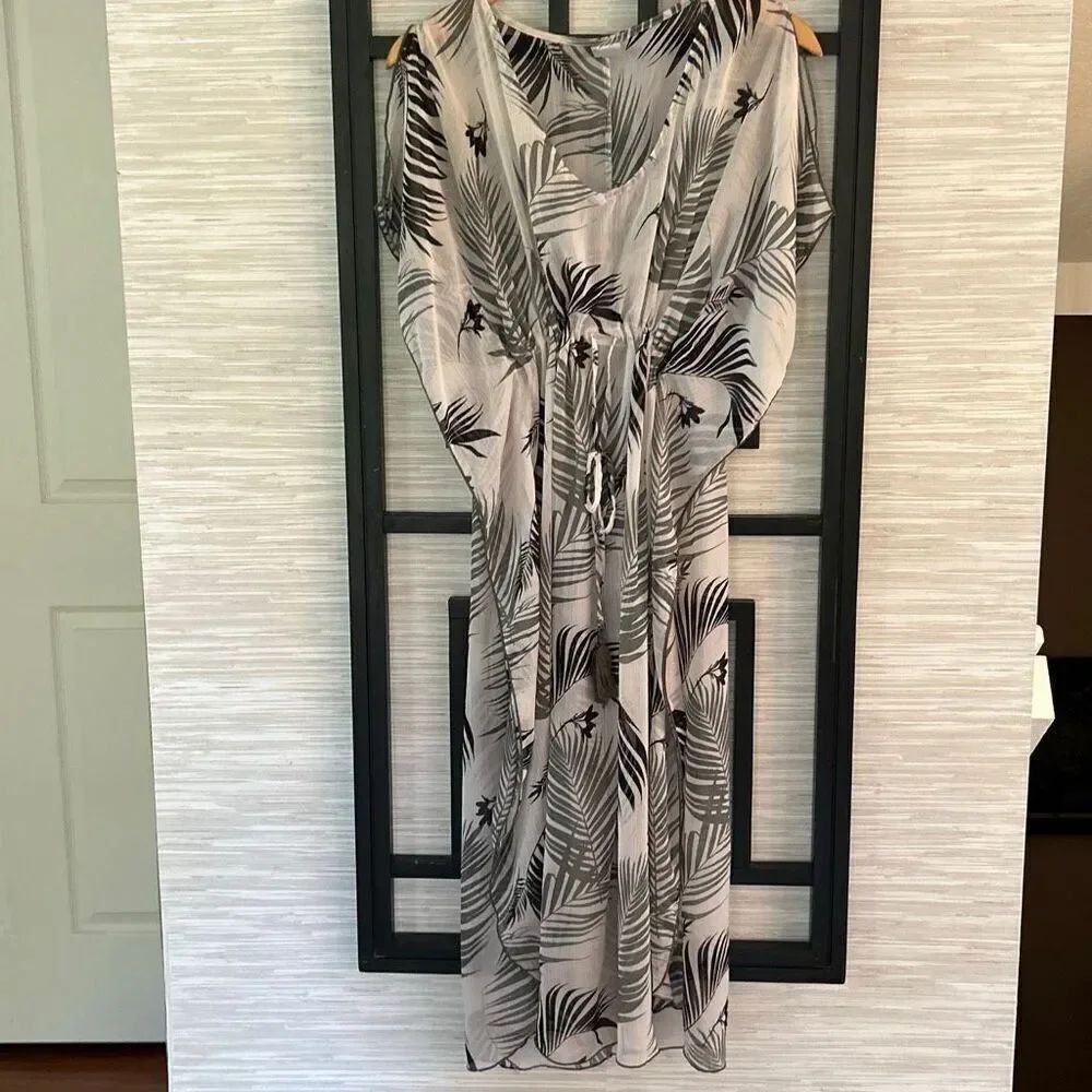 kona Sol white green palm leaves gauze semi sheer swimwear cover-up dress with t